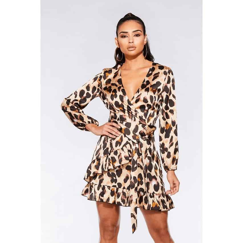 Quiz - Stone and black satin leopard print wrap dress