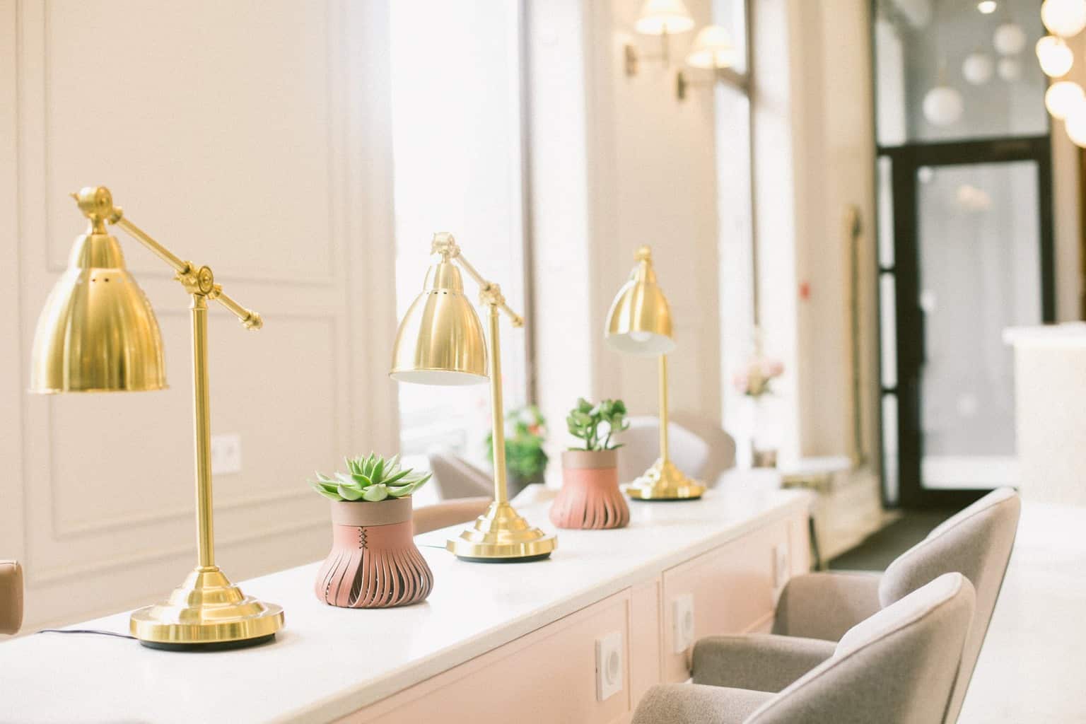 comfortable chairs and desk with lamps and plant pots in beauty salon