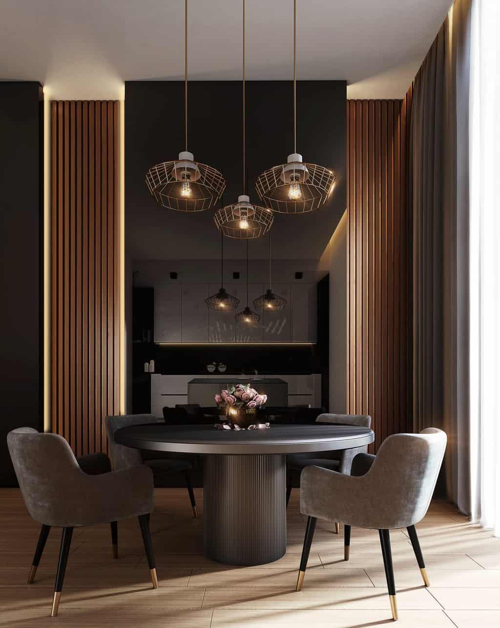 gray dining table under pendant lamps
