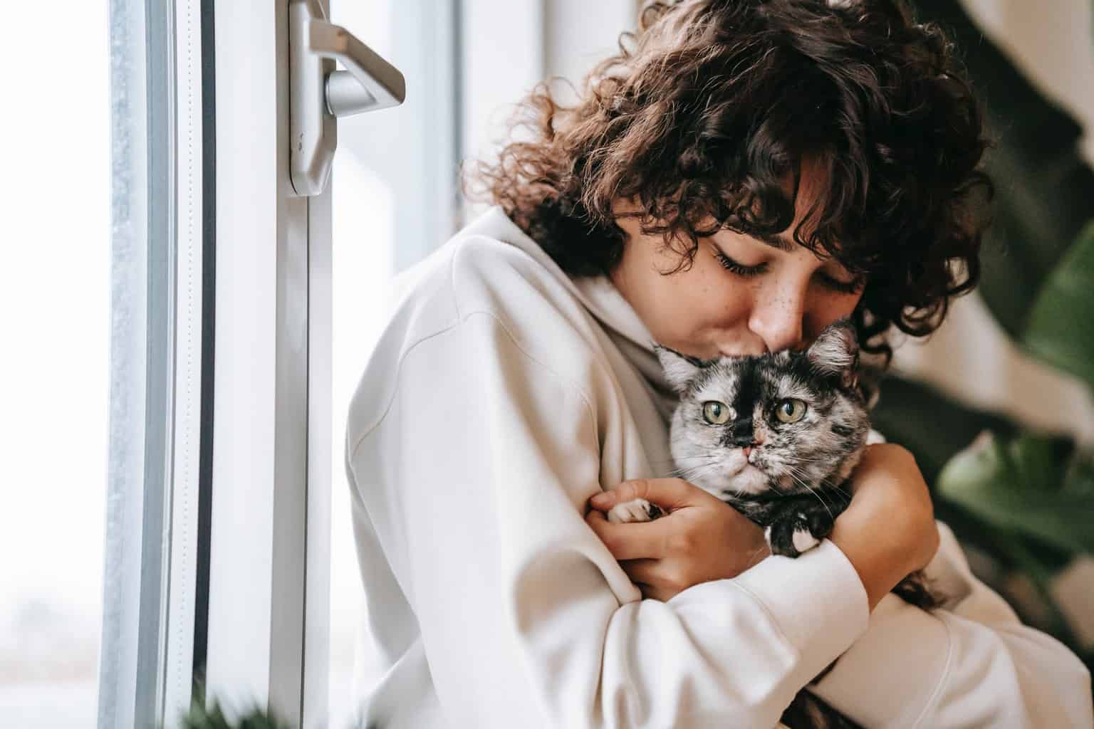 crop woman kissing charming cat near window at home