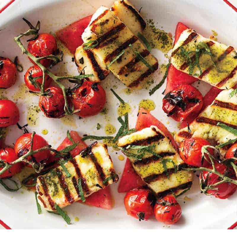 Grilled halloumi with watermelon and basil mint oil