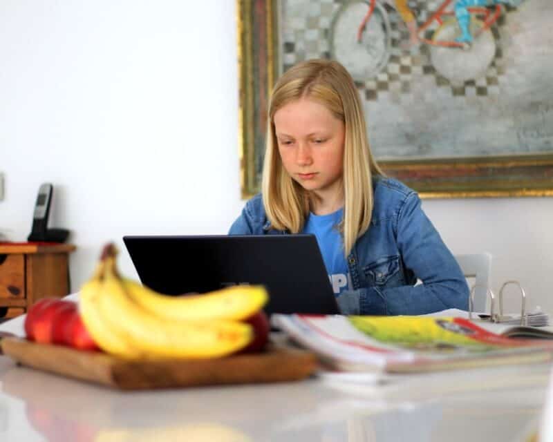 a girl sitting at a table with a laptop