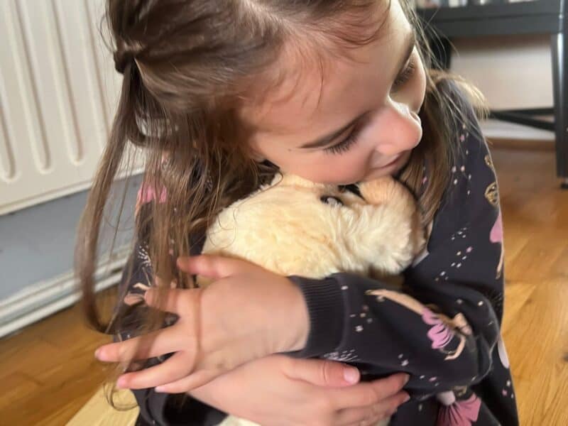 a girl hugging a stuffed animal