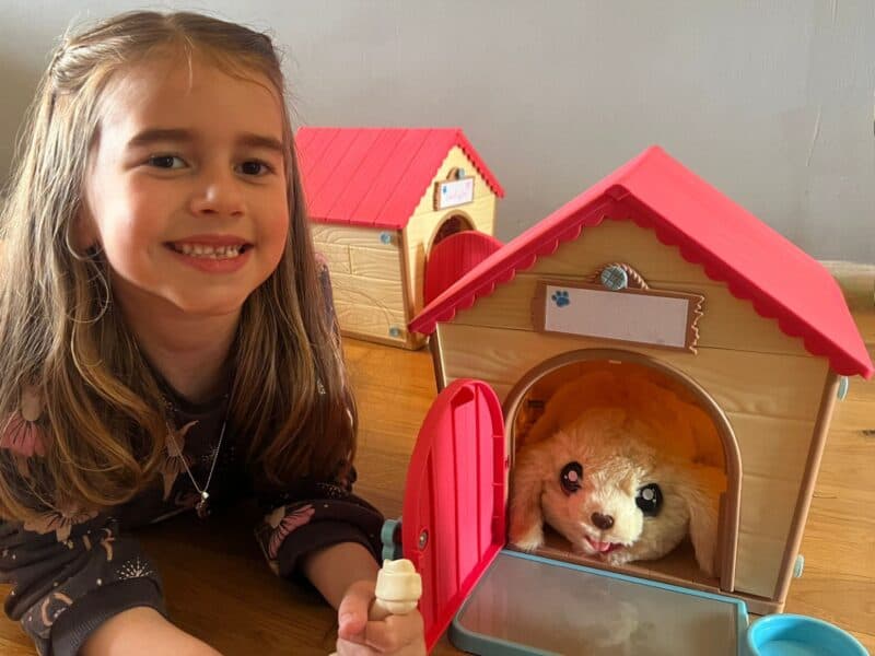 a girl smiling next to a toy dog house