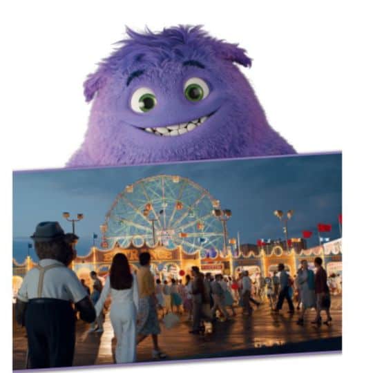 a purple monster in front of a carnival