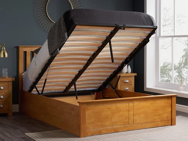 a bed with a bed frame