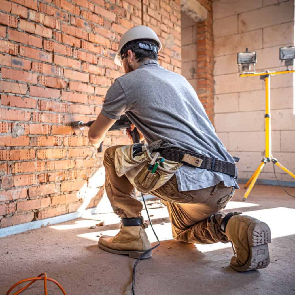 a man wearing a helmet and holding a drill