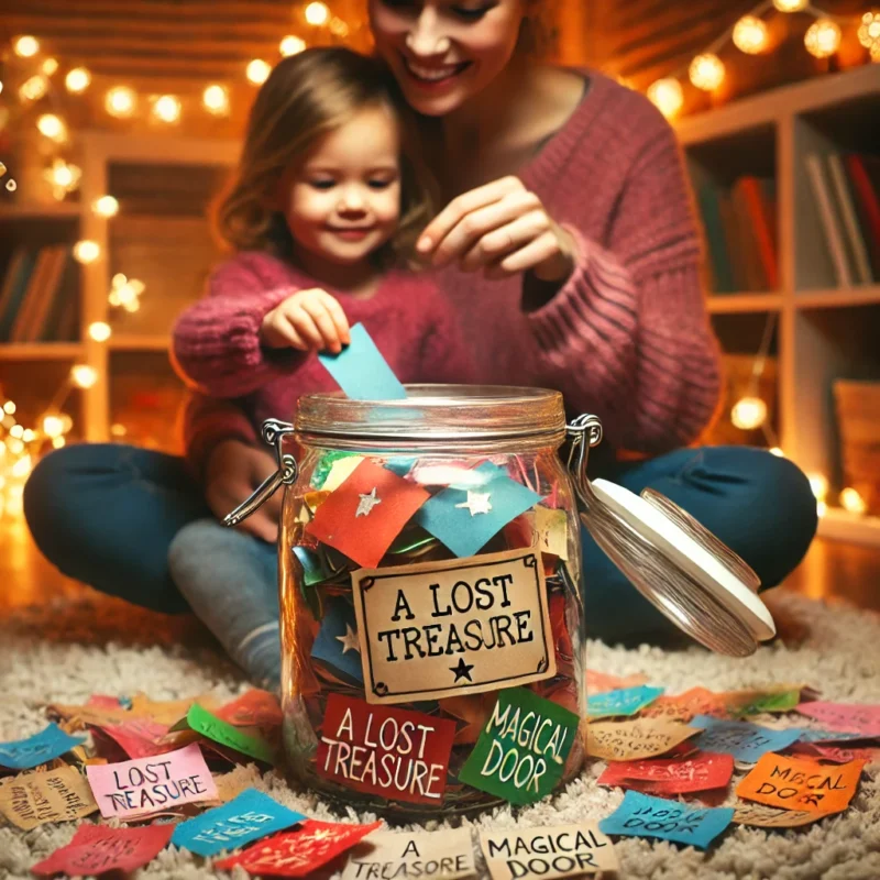 DALL·E 2025 02 07 16.17.46 A cozy family scene with a storytelling jar at the center. The jar is a glass container filled with colorful paper slips each with handwritten story